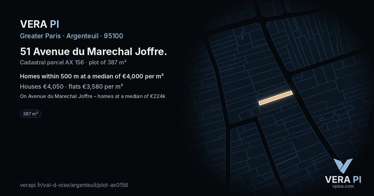 51 Avenue du Marechal Joffre, Argenteuil at night – the plot lit, the parcels around coloured by the prices near them