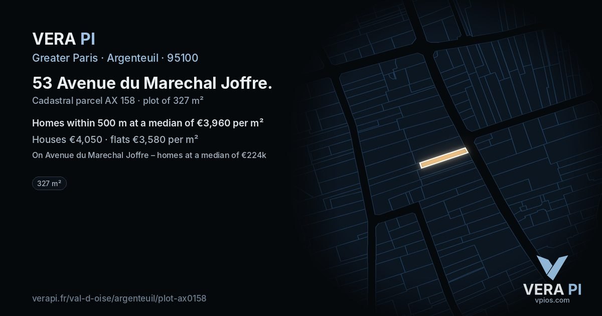 53 Avenue du Marechal Joffre, Argenteuil at night – the plot lit, the parcels around coloured by the prices near them
