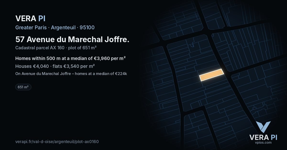 57 Avenue du Marechal Joffre, Argenteuil at night – the plot lit, the parcels around coloured by the prices near them