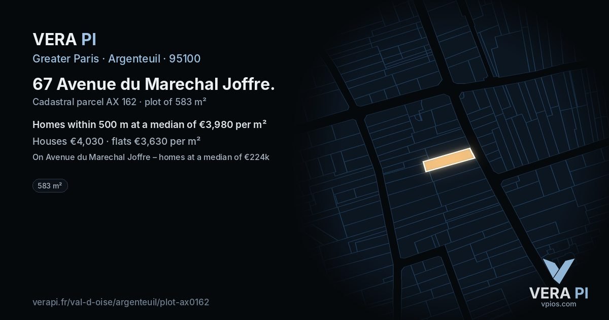 67 Avenue du Marechal Joffre, Argenteuil at night – the plot lit, the parcels around coloured by the prices near them