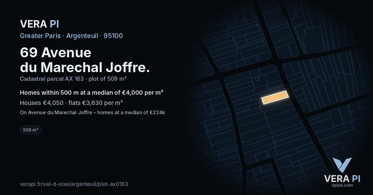 69 Avenue du Marechal Joffre, Argenteuil at night – the plot lit, the parcels around coloured by the prices near them
