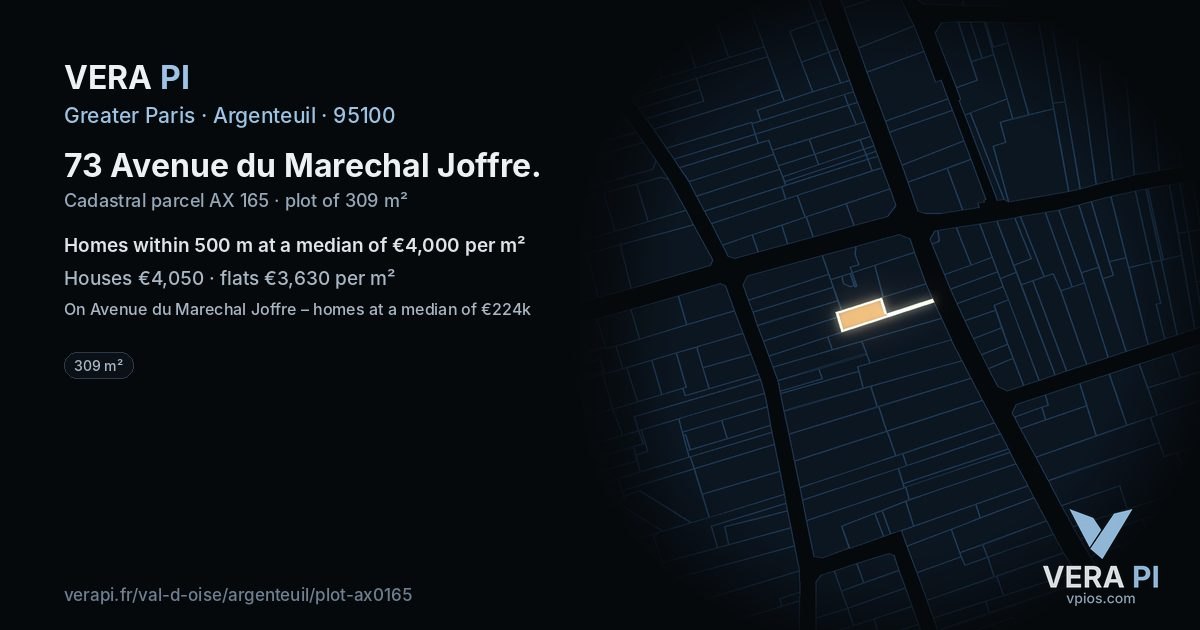 73 Avenue du Marechal Joffre, Argenteuil at night – the plot lit, the parcels around coloured by the prices near them