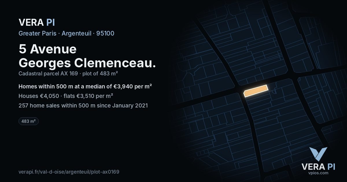 5 Avenue Georges Clemenceau, Argenteuil at night – the plot lit, the parcels around coloured by the prices near them