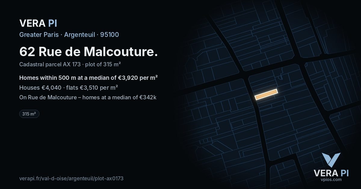 62 Rue de Malcouture, Argenteuil at night – the plot lit, the parcels around coloured by the prices near them
