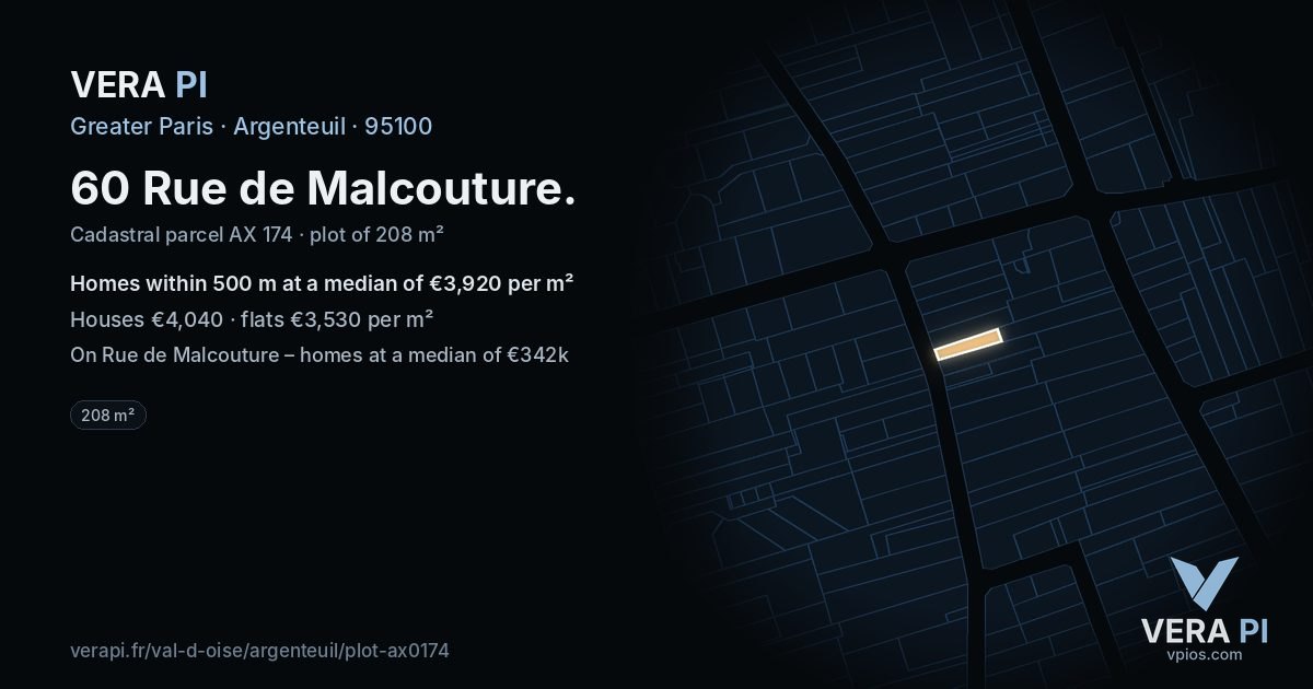 60 Rue de Malcouture, Argenteuil at night – the plot lit, the parcels around coloured by the prices near them