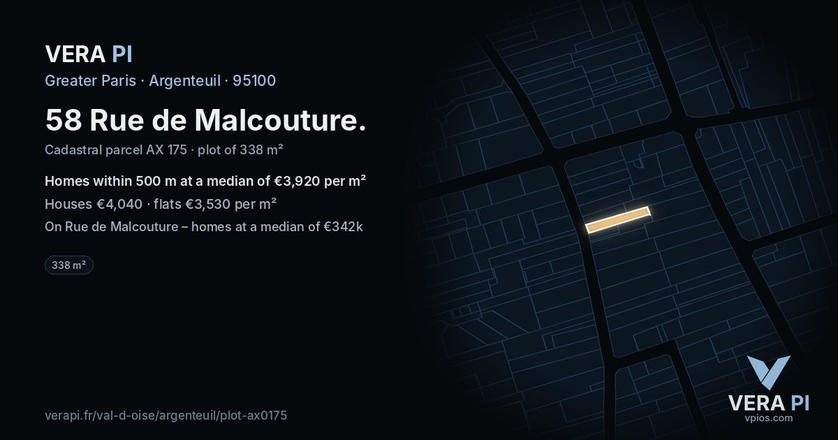 58 Rue de Malcouture, Argenteuil at night – the plot lit, the parcels around coloured by the prices near them