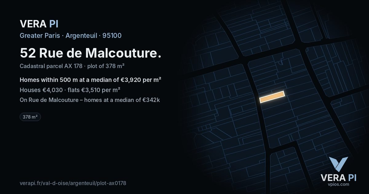 52 Rue de Malcouture, Argenteuil at night – the plot lit, the parcels around coloured by the prices near them