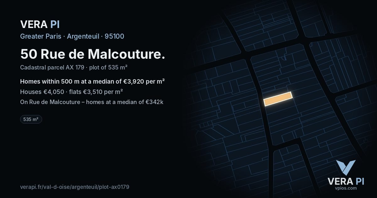 50 Rue de Malcouture, Argenteuil at night – the plot lit, the parcels around coloured by the prices near them