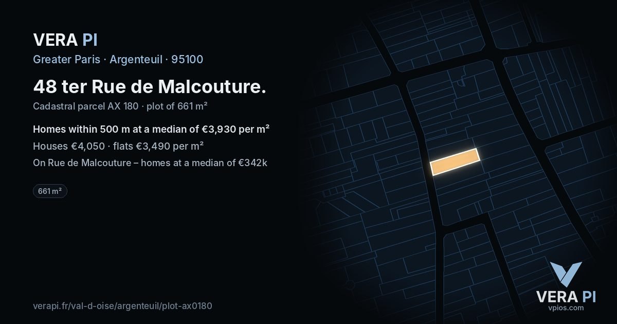 48 ter Rue de Malcouture, Argenteuil at night – the plot lit, the parcels around coloured by the prices near them
