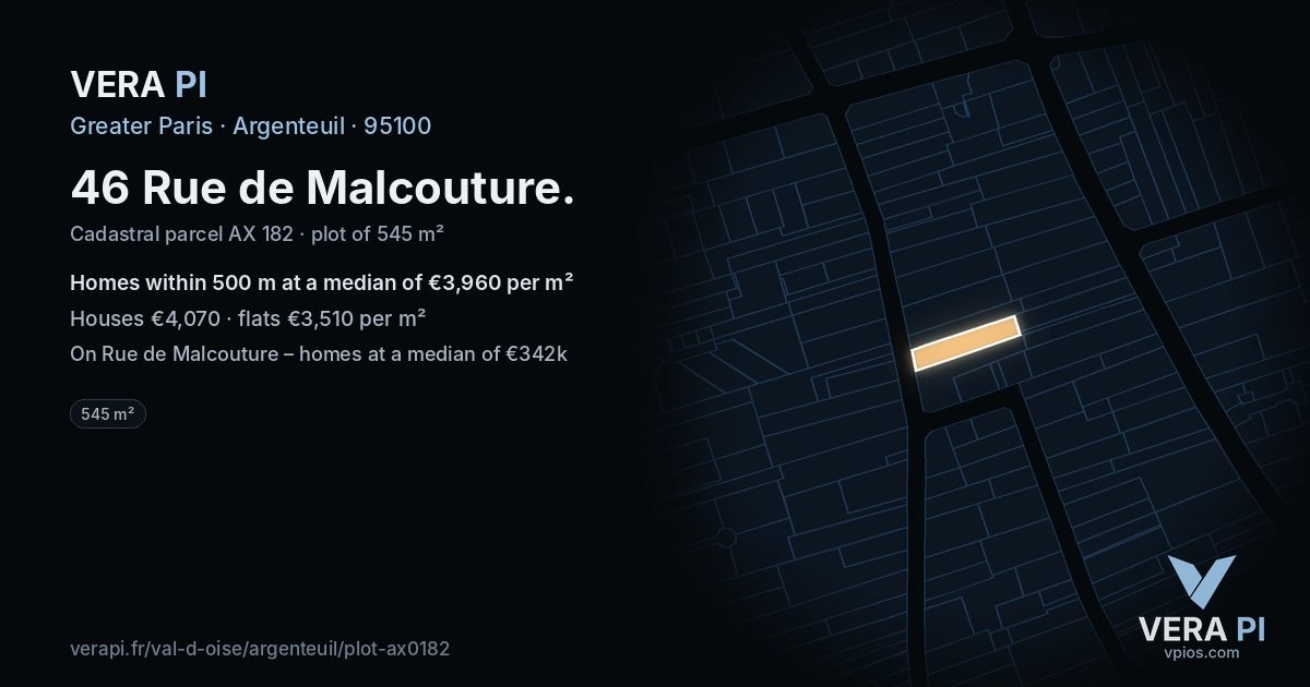 46 Rue de Malcouture, Argenteuil at night – the plot lit, the parcels around coloured by the prices near them