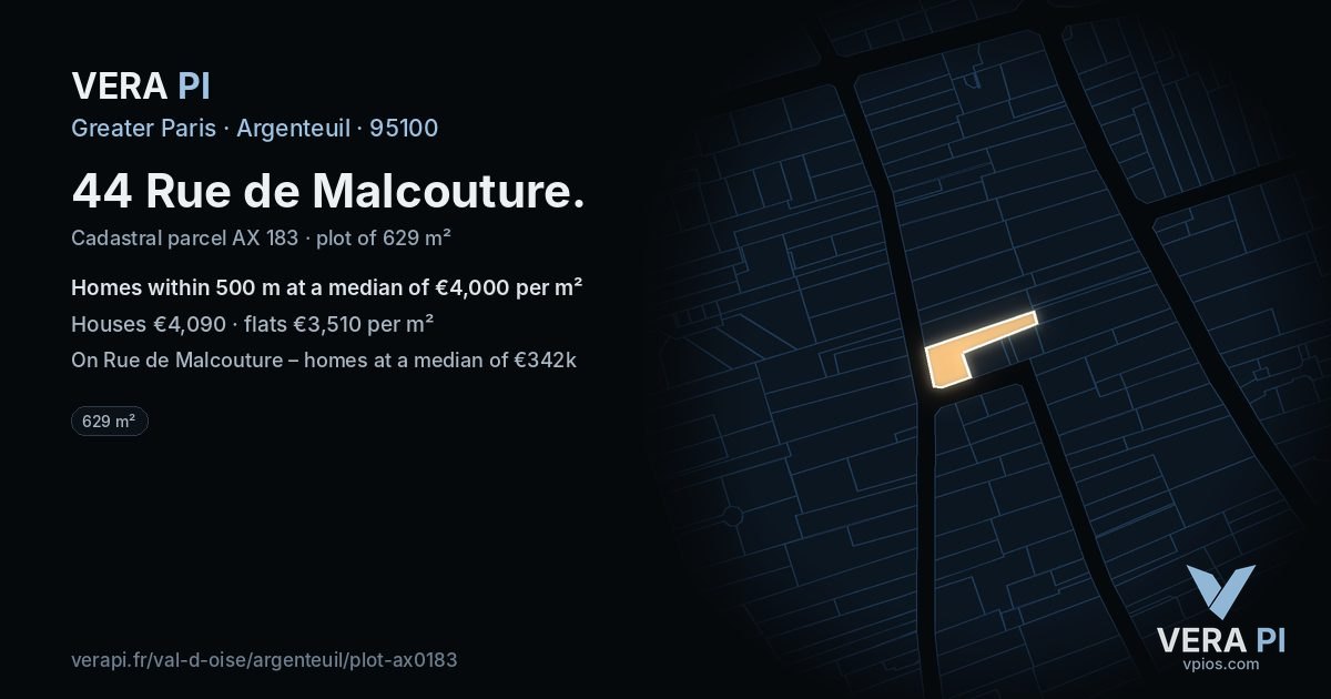 44 Rue de Malcouture, Argenteuil at night – the plot lit, the parcels around coloured by the prices near them