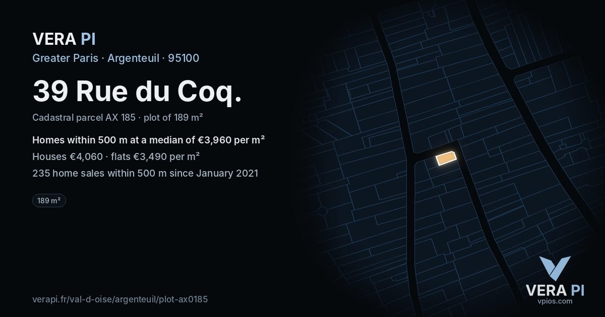39 Rue du Coq, Argenteuil at night – the plot lit, the parcels around coloured by the prices near them