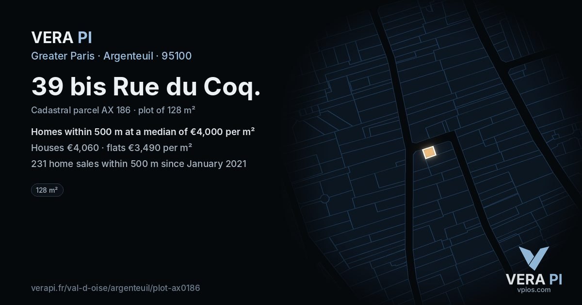 39 bis Rue du Coq, Argenteuil at night – the plot lit, the parcels around coloured by the prices near them