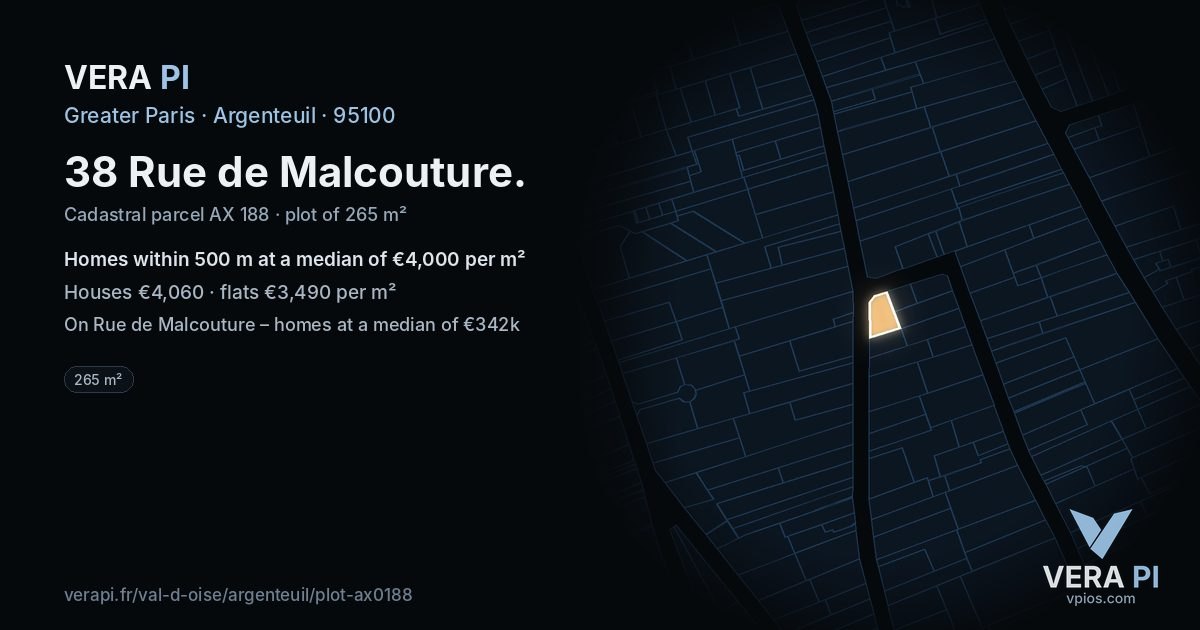 38 Rue de Malcouture, Argenteuil at night – the plot lit, the parcels around coloured by the prices near them