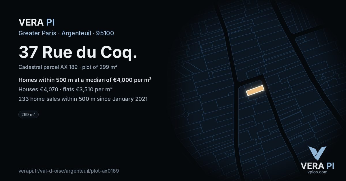 37 Rue du Coq, Argenteuil at night – the plot lit, the parcels around coloured by the prices near them