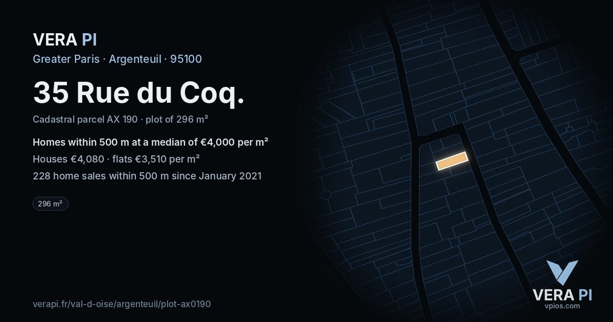 35 Rue du Coq, Argenteuil at night – the plot lit, the parcels around coloured by the prices near them