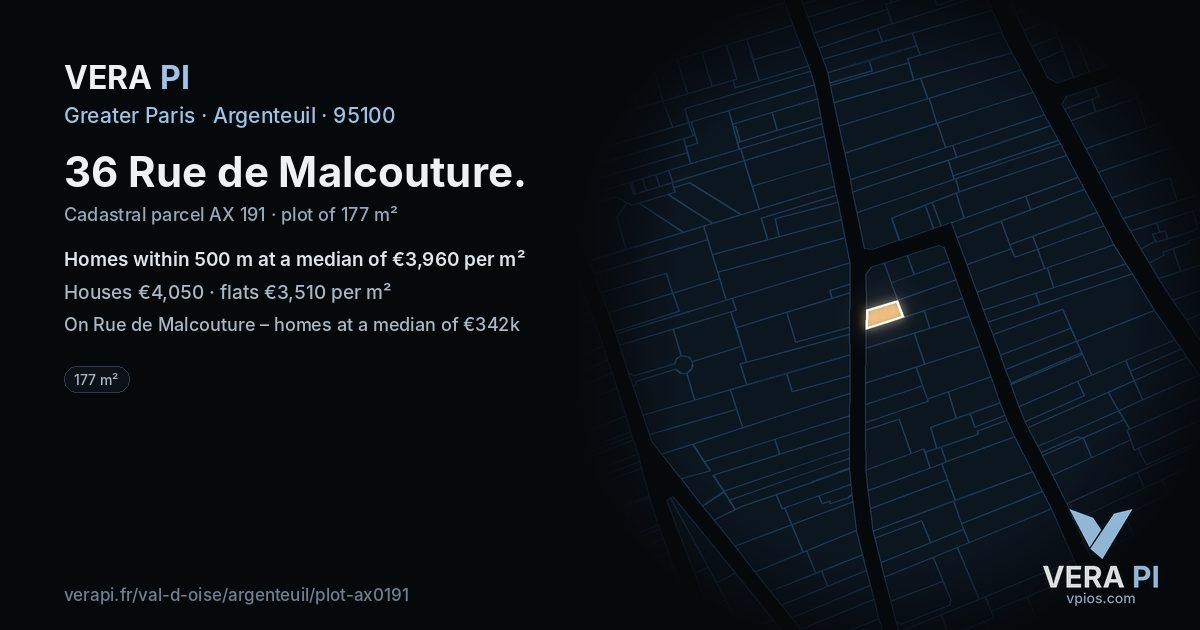 36 Rue de Malcouture, Argenteuil at night – the plot lit, the parcels around coloured by the prices near them