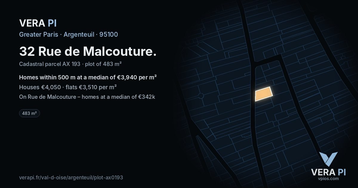 32 Rue de Malcouture, Argenteuil at night – the plot lit, the parcels around coloured by the prices near them