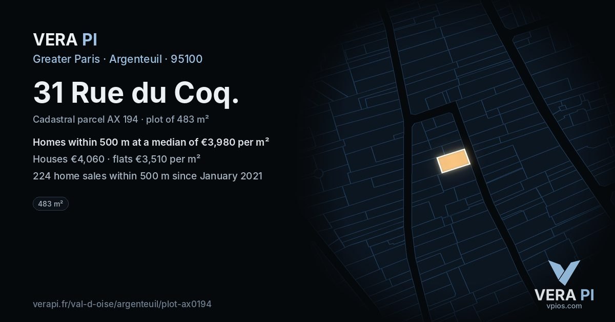31 Rue du Coq, Argenteuil at night – the plot lit, the parcels around coloured by the prices near them
