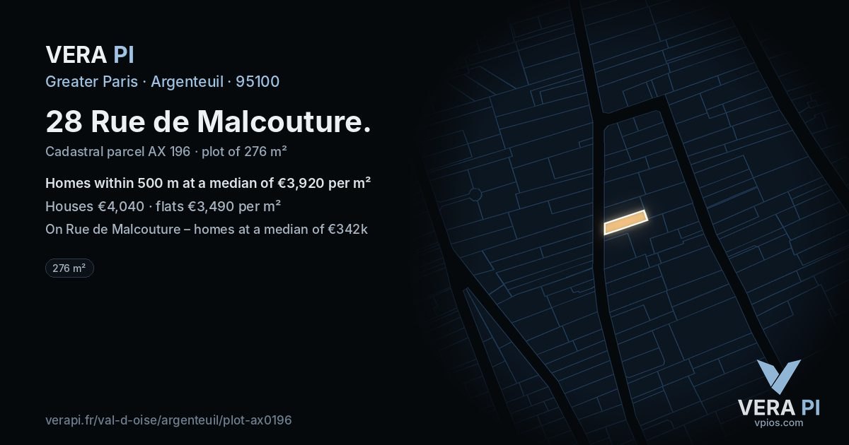 28 Rue de Malcouture, Argenteuil at night – the plot lit, the parcels around coloured by the prices near them