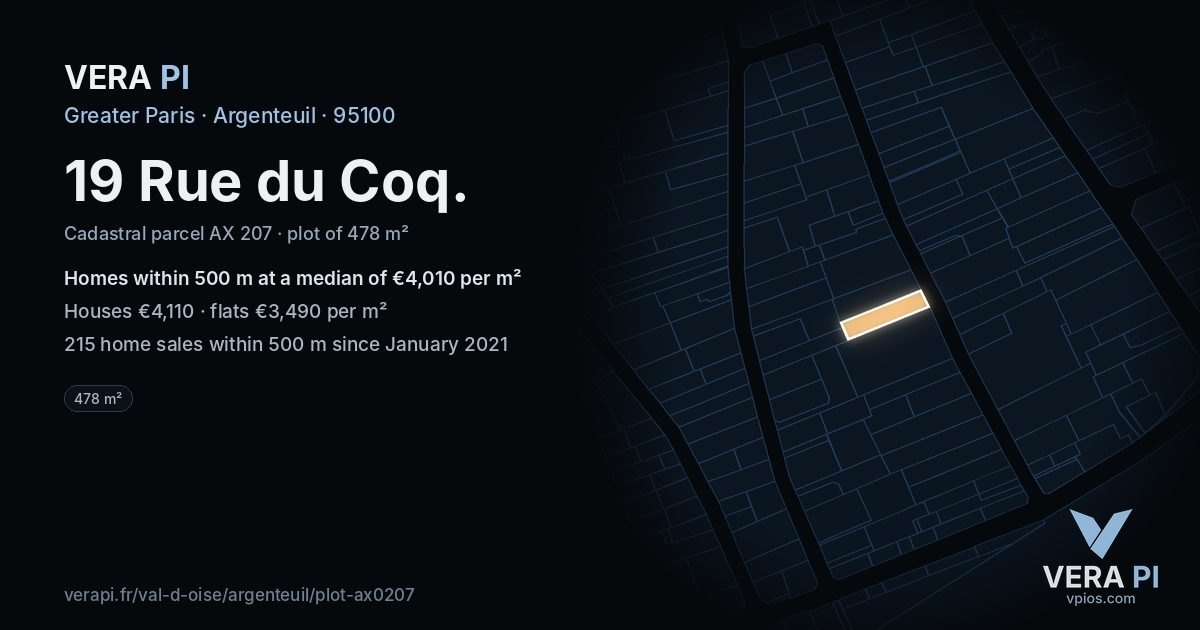19 Rue du Coq, Argenteuil at night – the plot lit, the parcels around coloured by the prices near them