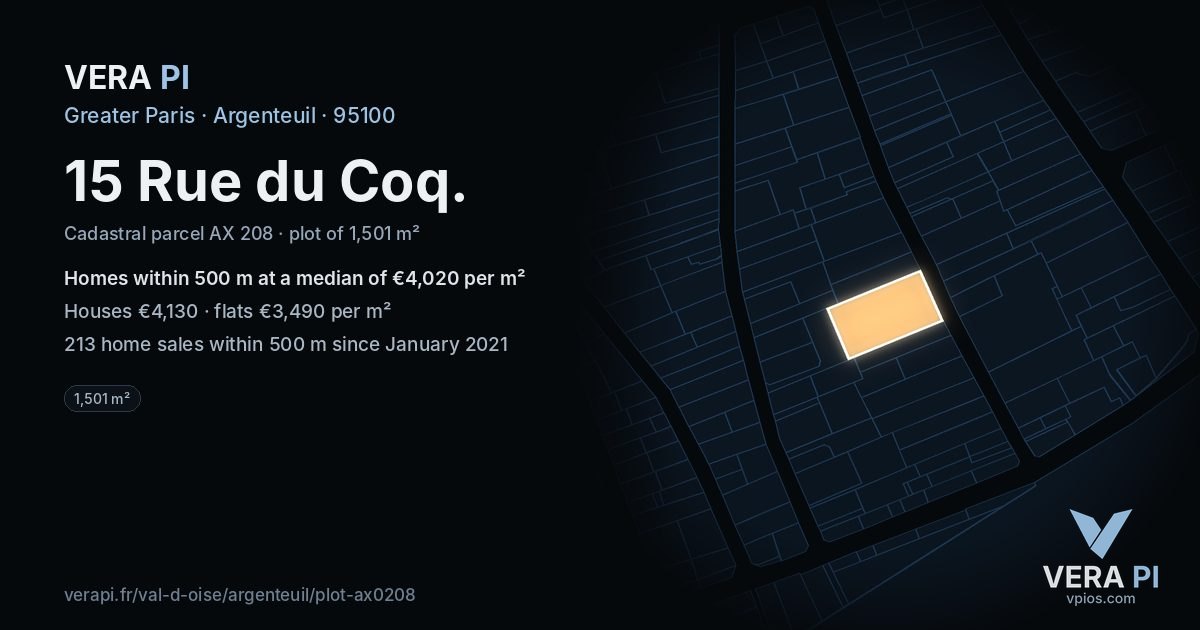 15 Rue du Coq, Argenteuil at night – the plot lit, the parcels around coloured by the prices near them