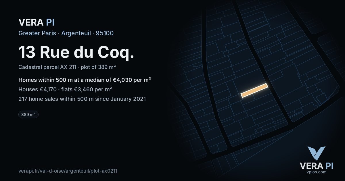 13 Rue du Coq, Argenteuil at night – the plot lit, the parcels around coloured by the prices near them