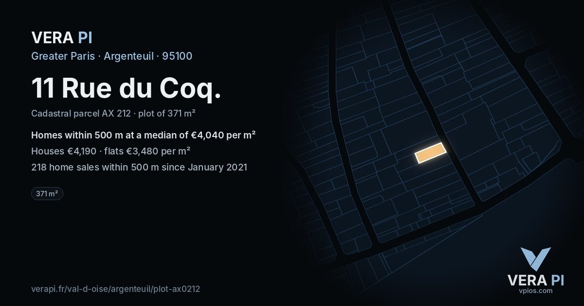 11 Rue du Coq, Argenteuil at night – the plot lit, the parcels around coloured by the prices near them