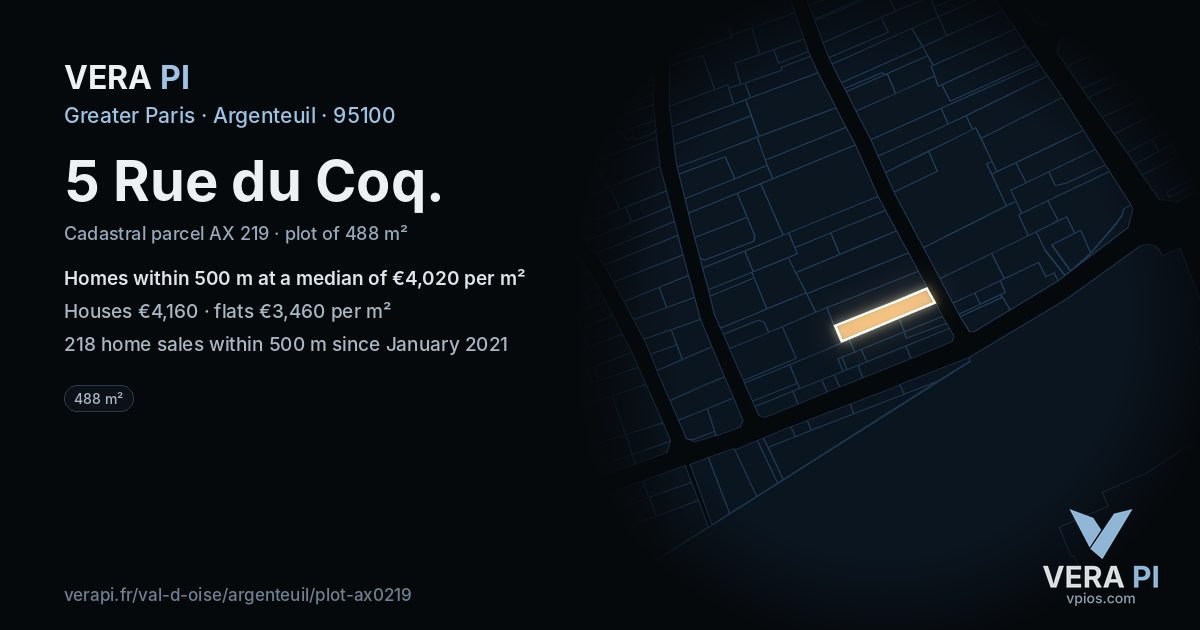 5 Rue du Coq, Argenteuil at night – the plot lit, the parcels around coloured by the prices near them