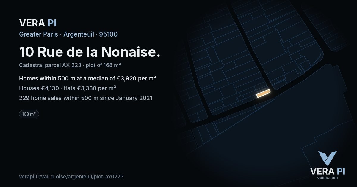 10 Rue de la Nonaise, Argenteuil at night – the plot lit, the parcels around coloured by the prices near them