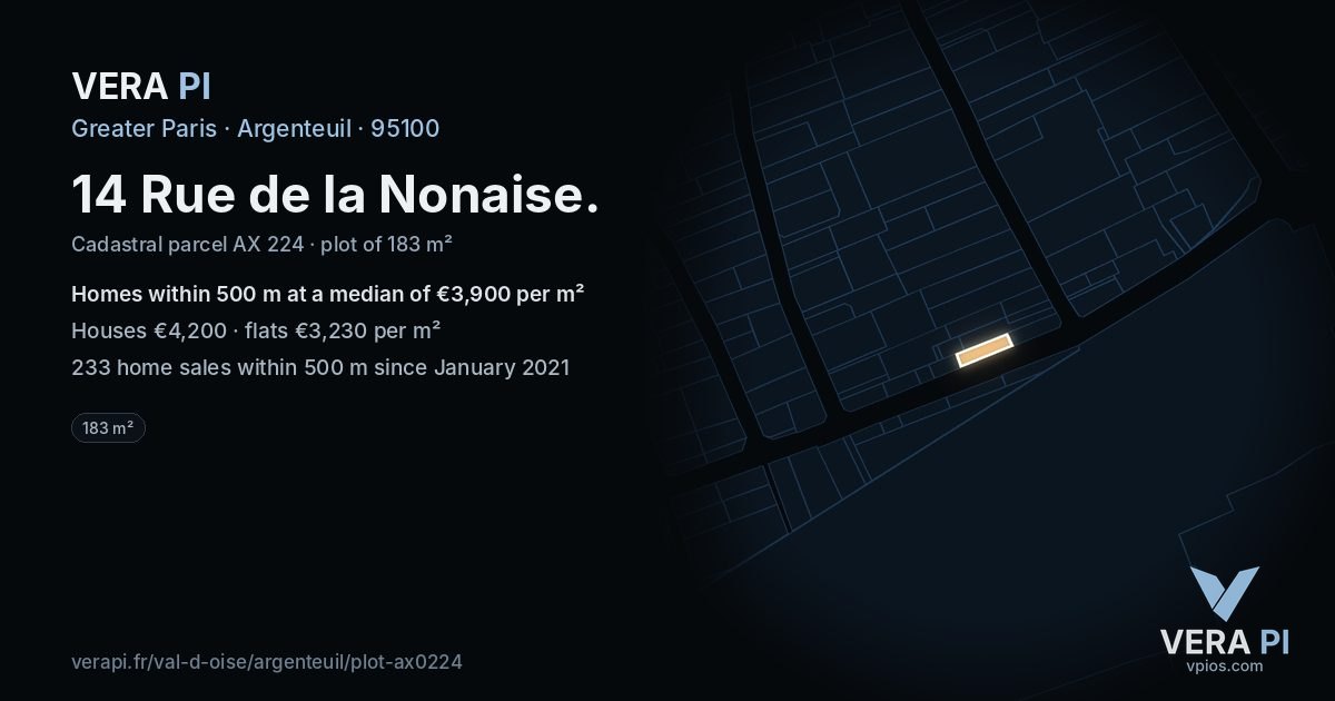 14 Rue de la Nonaise, Argenteuil at night – the plot lit, the parcels around coloured by the prices near them
