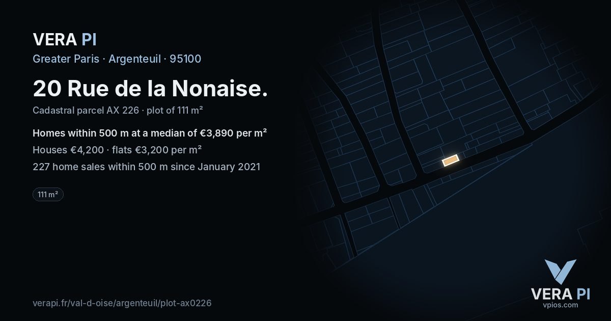 20 Rue de la Nonaise, Argenteuil at night – the plot lit, the parcels around coloured by the prices near them
