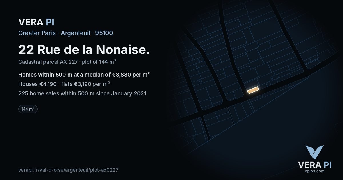 22 Rue de la Nonaise, Argenteuil at night – the plot lit, the parcels around coloured by the prices near them