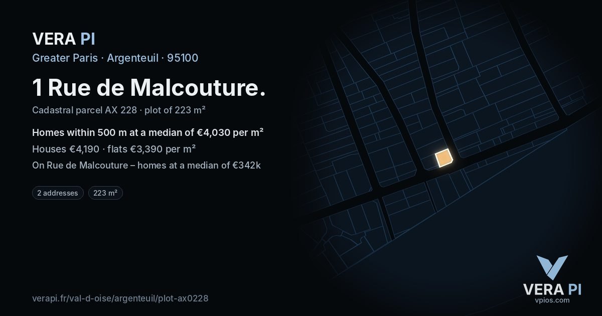 1 Rue de Malcouture, Argenteuil at night – the plot lit, the parcels around coloured by the prices near them