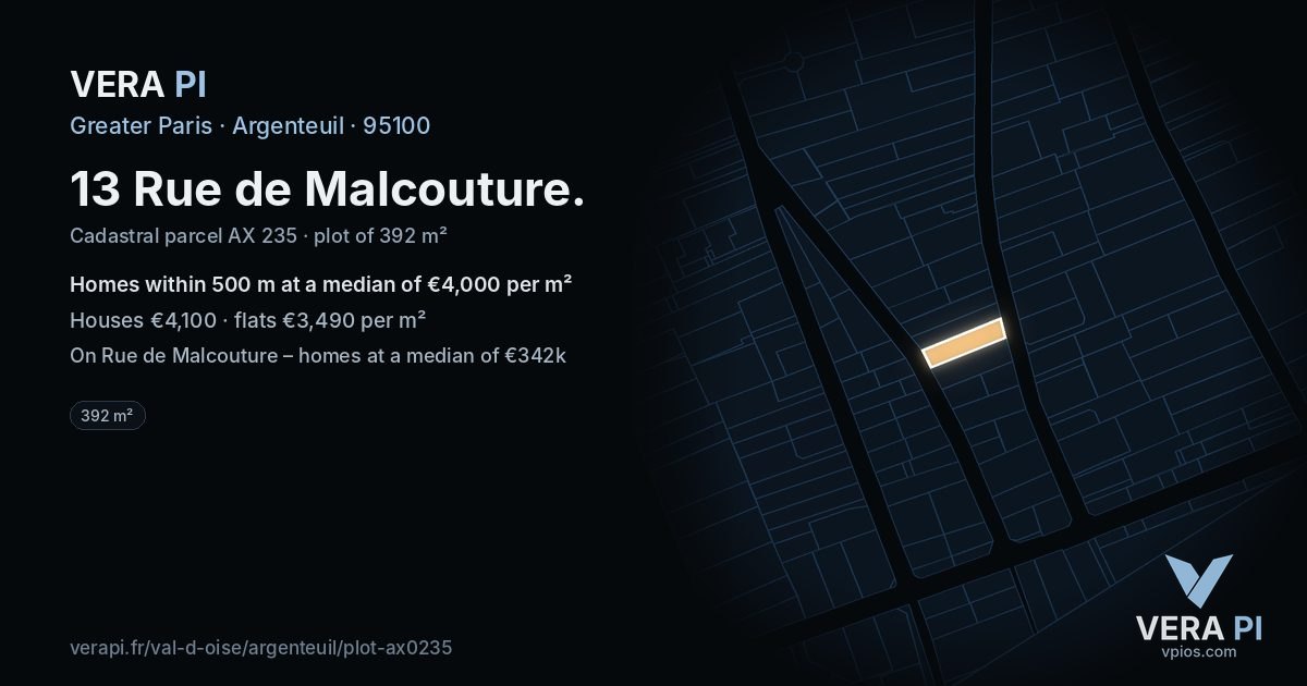 13 Rue de Malcouture, Argenteuil at night – the plot lit, the parcels around coloured by the prices near them