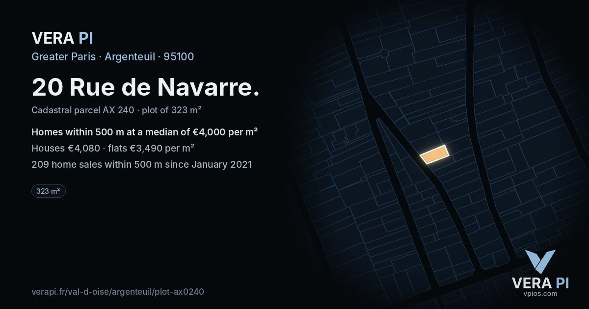 20 Rue de Navarre, Argenteuil at night – the plot lit, the parcels around coloured by the prices near them