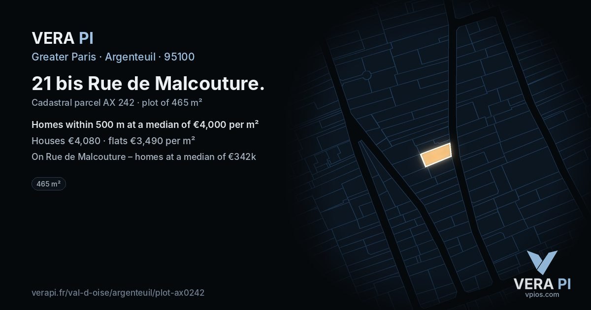 21 bis Rue de Malcouture, Argenteuil at night – the plot lit, the parcels around coloured by the prices near them