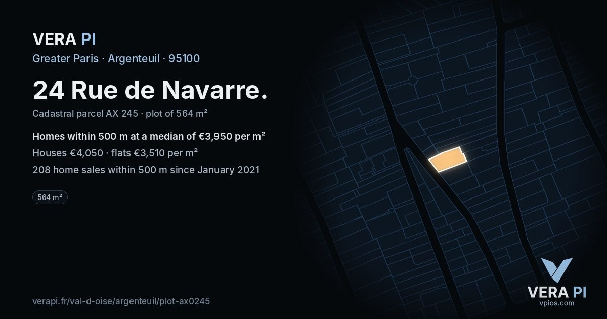 24 Rue de Navarre, Argenteuil at night – the plot lit, the parcels around coloured by the prices near them