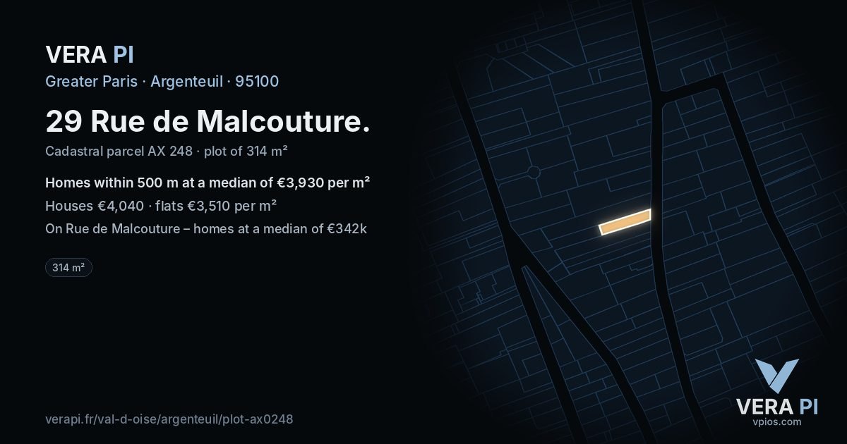 29 Rue de Malcouture, Argenteuil at night – the plot lit, the parcels around coloured by the prices near them