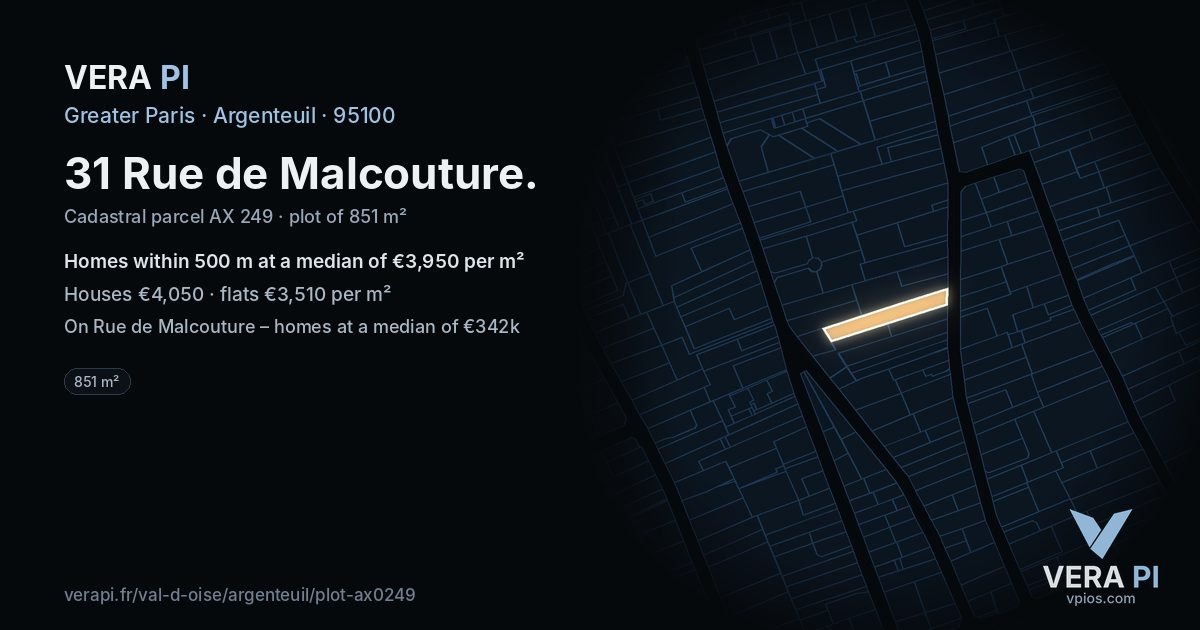 31 Rue de Malcouture, Argenteuil at night – the plot lit, the parcels around coloured by the prices near them