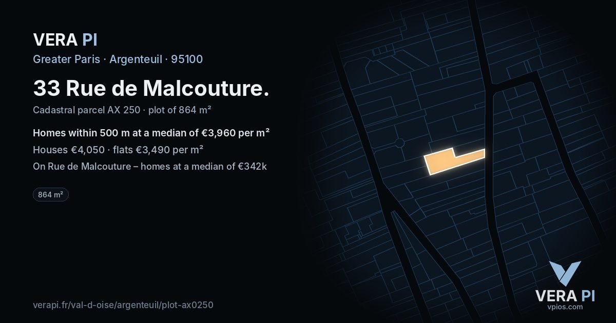 33 Rue de Malcouture, Argenteuil at night – the plot lit, the parcels around coloured by the prices near them