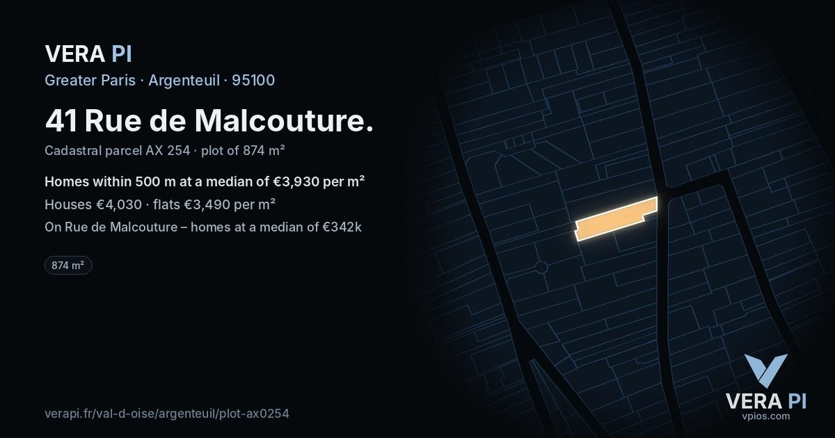 41 Rue de Malcouture, Argenteuil at night – the plot lit, the parcels around coloured by the prices near them