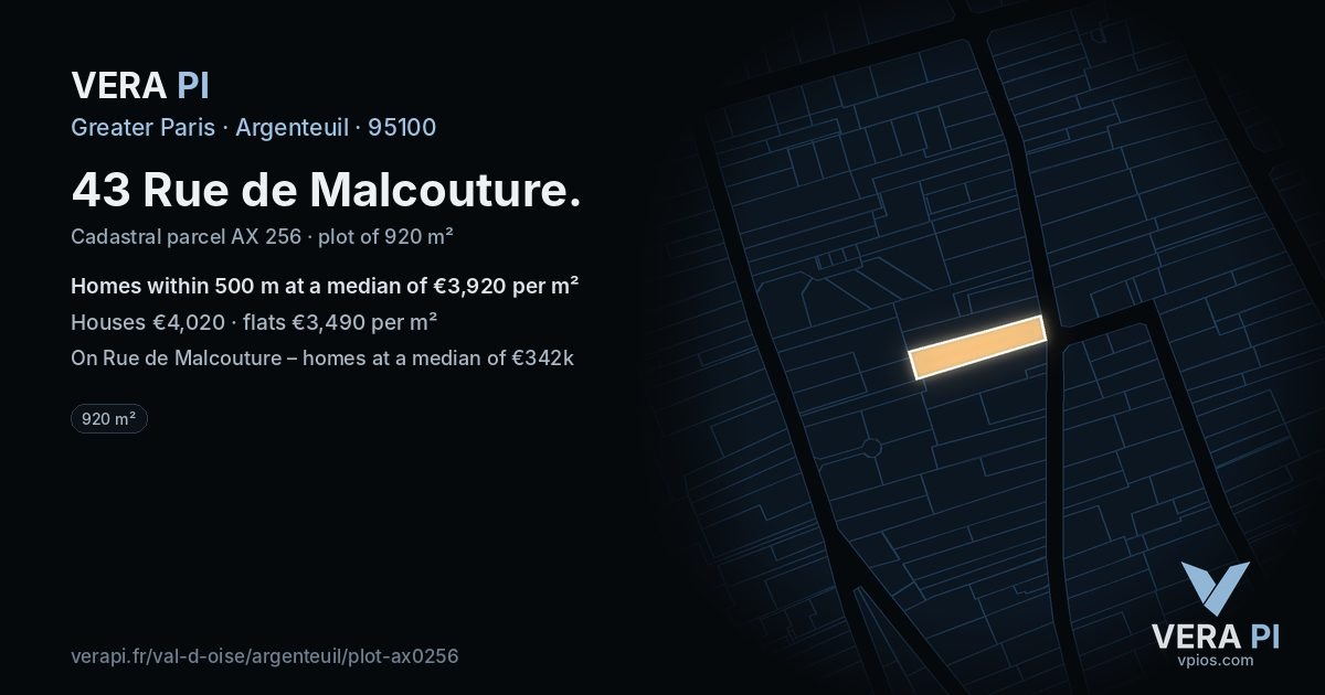 43 Rue de Malcouture, Argenteuil at night – the plot lit, the parcels around coloured by the prices near them