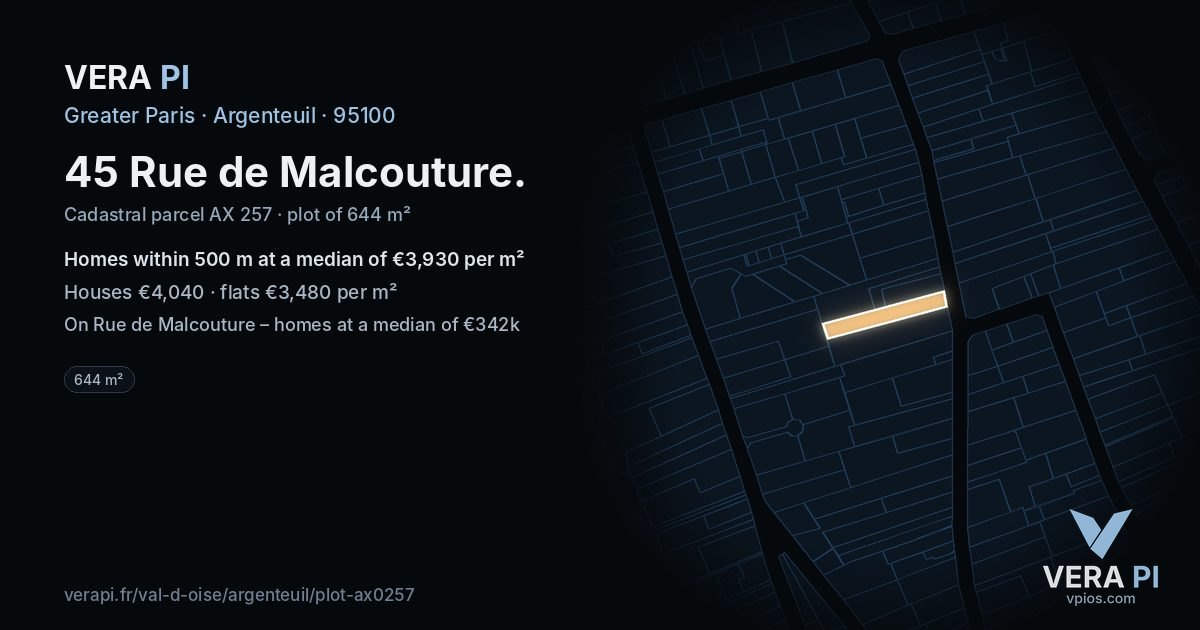 45 Rue de Malcouture, Argenteuil at night – the plot lit, the parcels around coloured by the prices near them