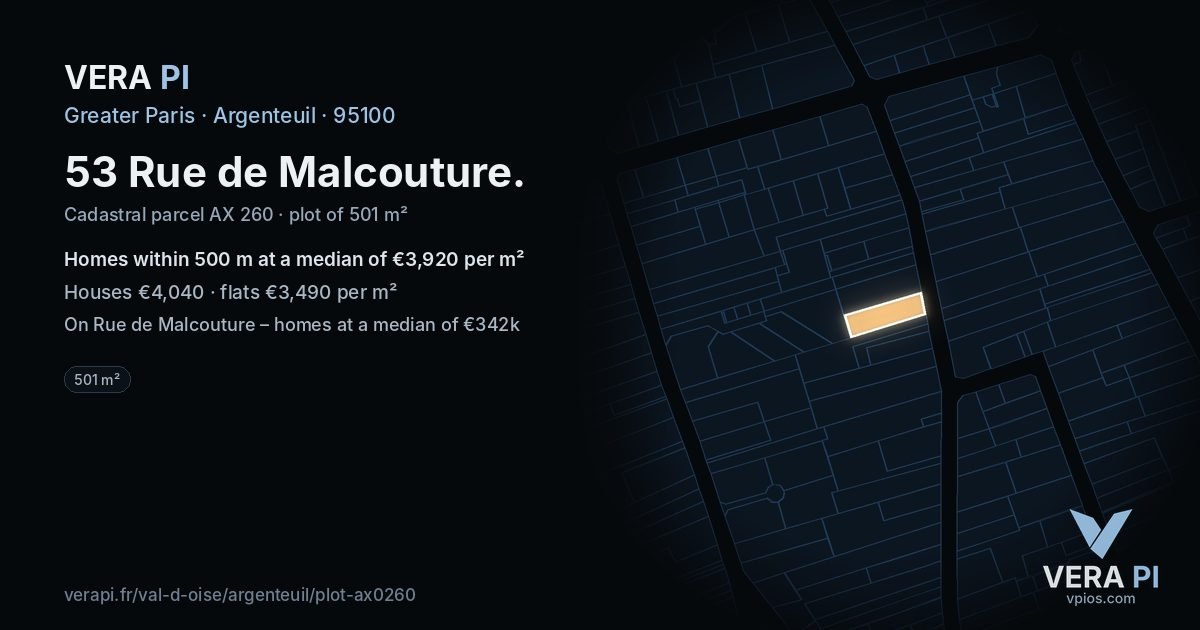 53 Rue de Malcouture, Argenteuil at night – the plot lit, the parcels around coloured by the prices near them