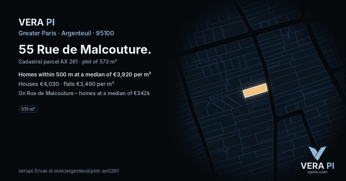 55 Rue de Malcouture, Argenteuil at night – the plot lit, the parcels around coloured by the prices near them