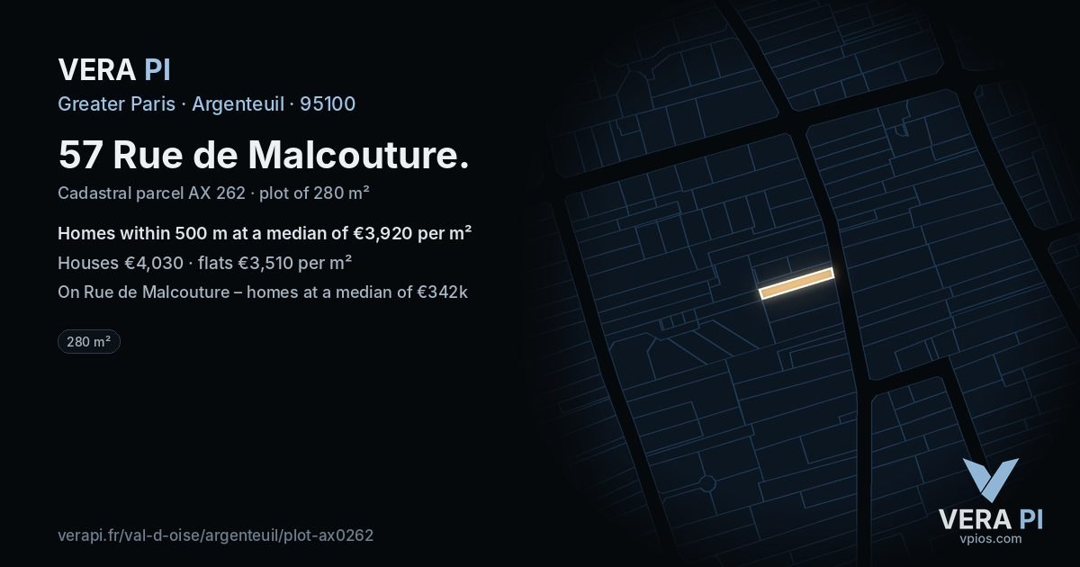 57 Rue de Malcouture, Argenteuil at night – the plot lit, the parcels around coloured by the prices near them