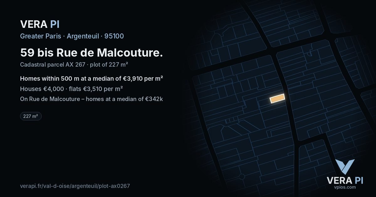 59 bis Rue de Malcouture, Argenteuil at night – the plot lit, the parcels around coloured by the prices near them