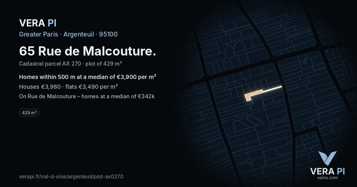 65 Rue de Malcouture, Argenteuil at night – the plot lit, the parcels around coloured by the prices near them