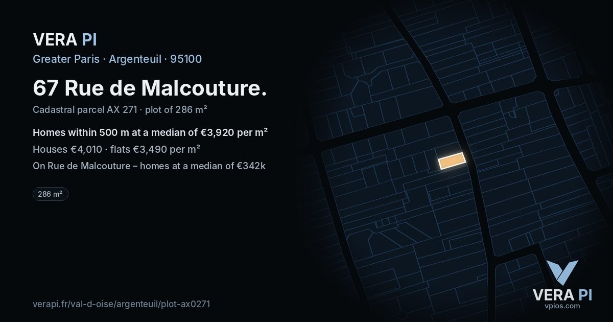67 Rue de Malcouture, Argenteuil at night – the plot lit, the parcels around coloured by the prices near them